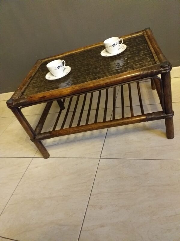 Table De Salon En Bambou, Rotin Et Verre Vintage