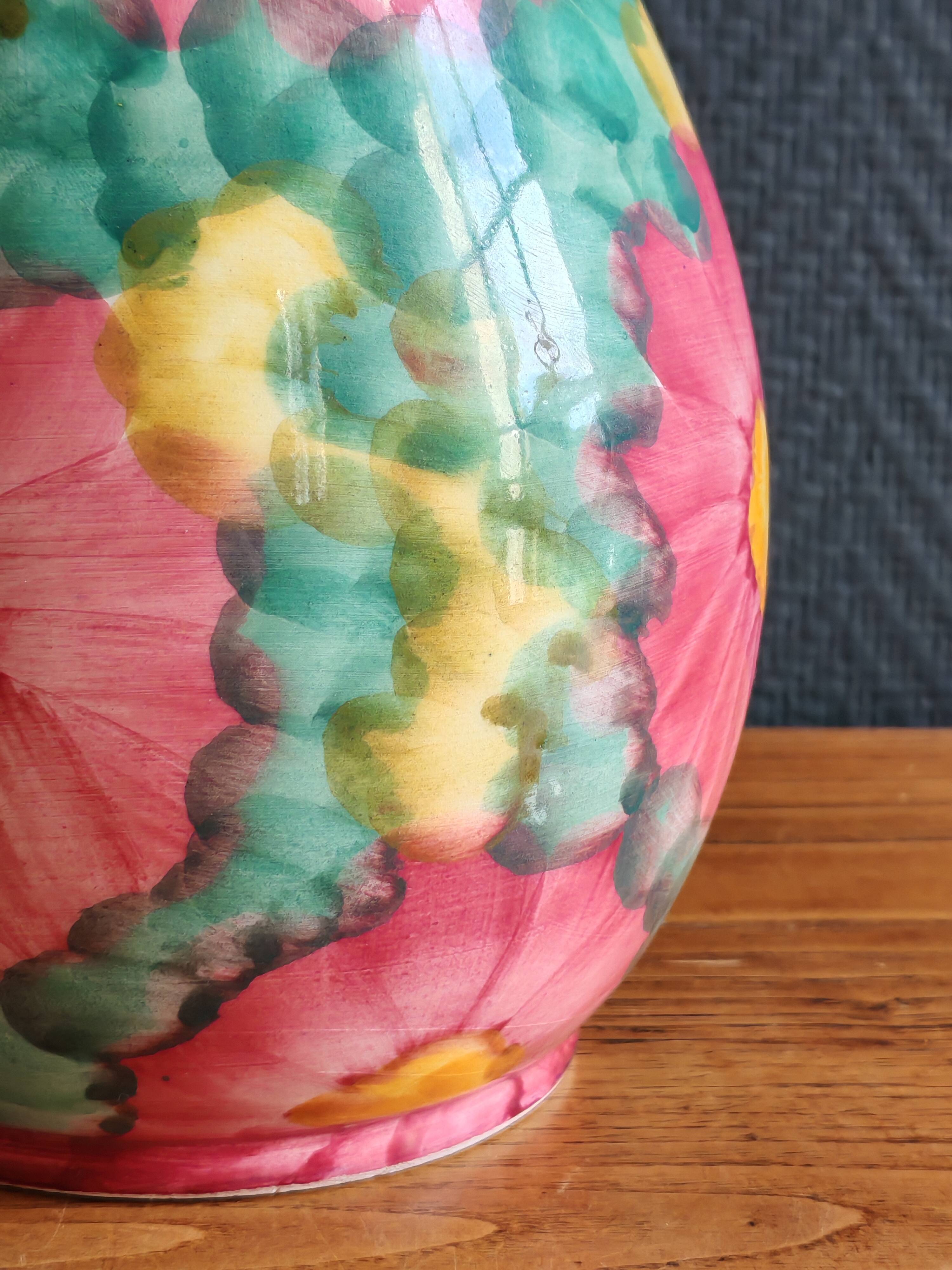 Vintage Floral Ceramic Vase - Large Barbotine Vase with Pink Flowers