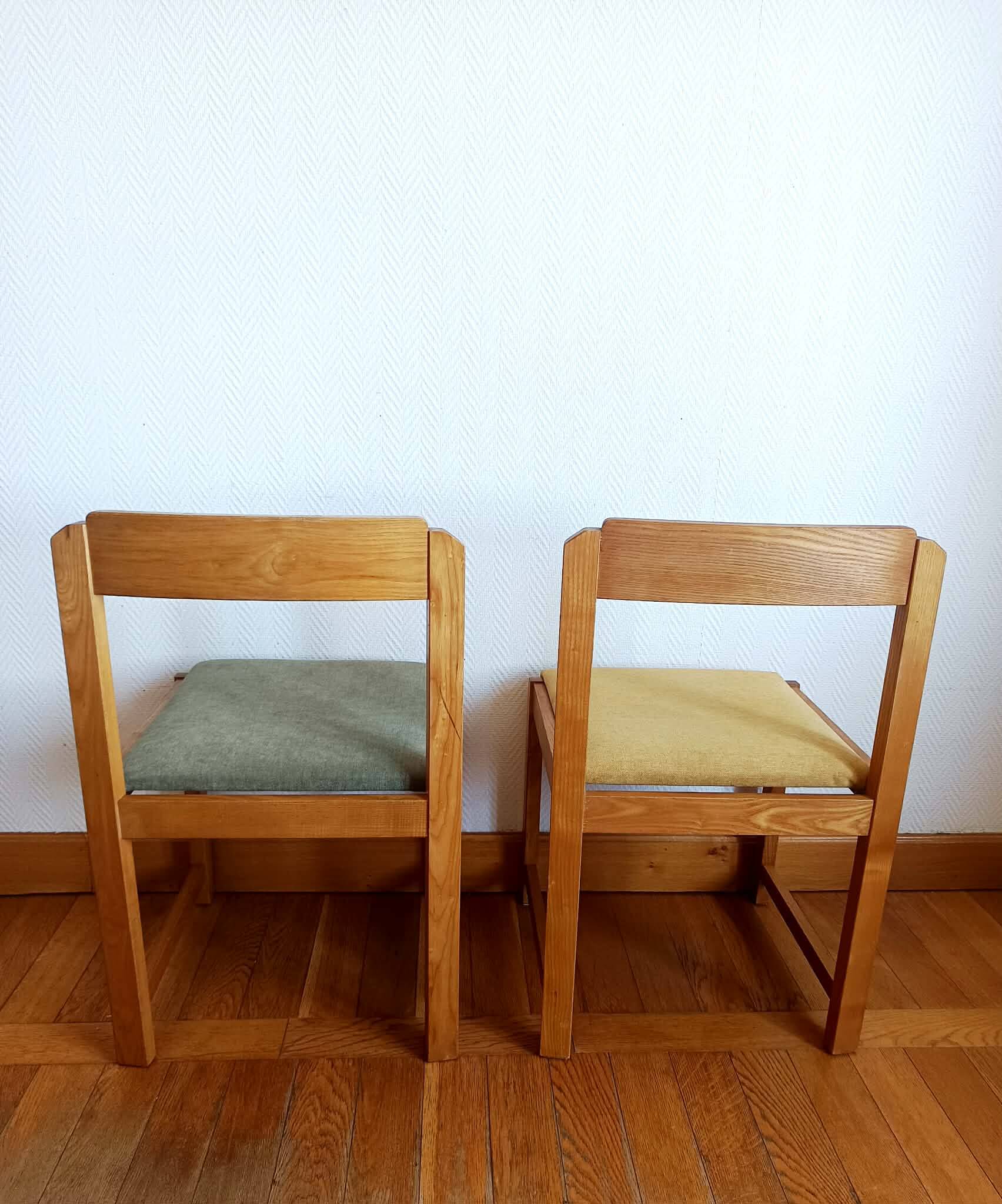Six Scandinavian style chairs in elm and fabric.