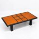 Vintage coffee table in wood burl and black lacquer, geometric inlay.