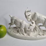 Saxon porcelain group, two fighting goats, signed Röhle, 1900