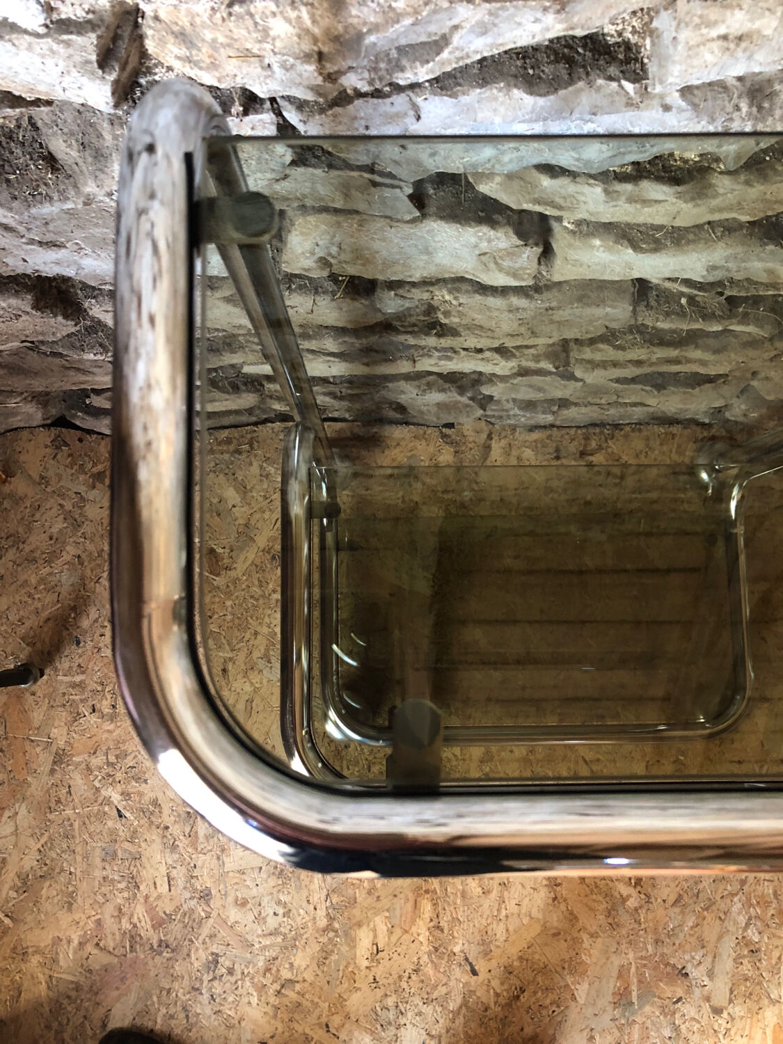 Chromed metal shelf and smoked glass