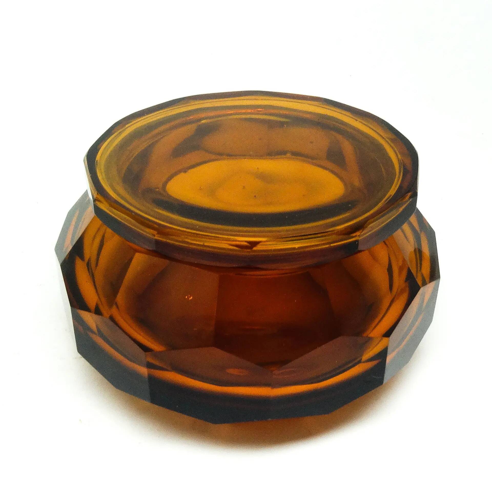 Art Deco bonbonniere, honey crystal, Moser, Czechoslovakia, 1930s