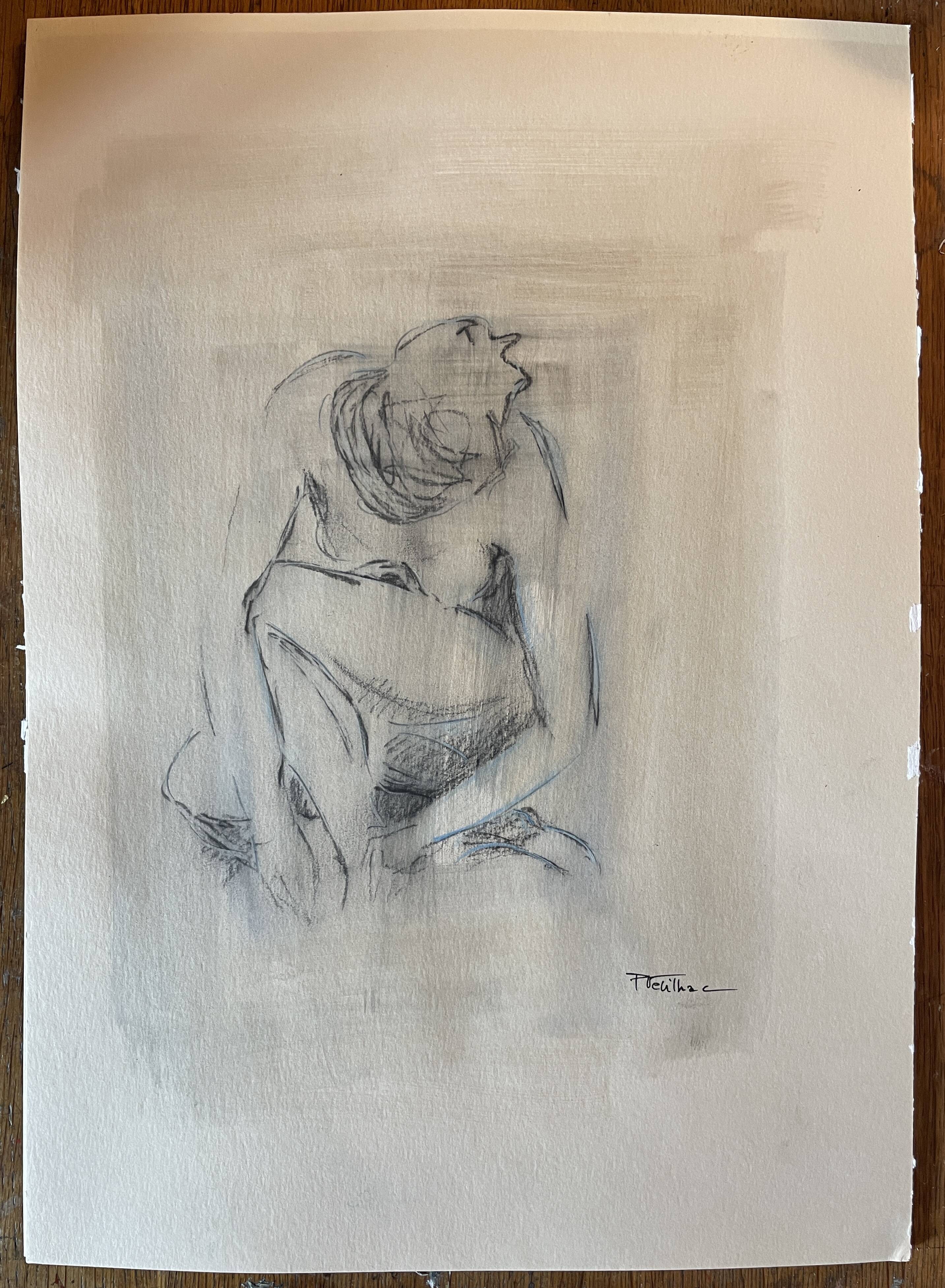 Tableau signé fusain portrait de femme accroupie