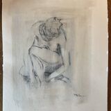 Painting signed charcoal portrait of crouching woman
