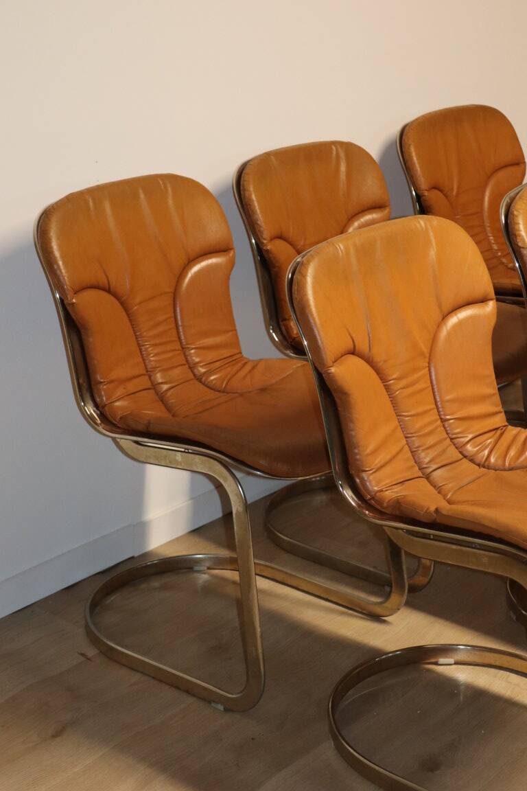 Series of 6 vintage Cidue Italy chairs in leather and metal, 1970s