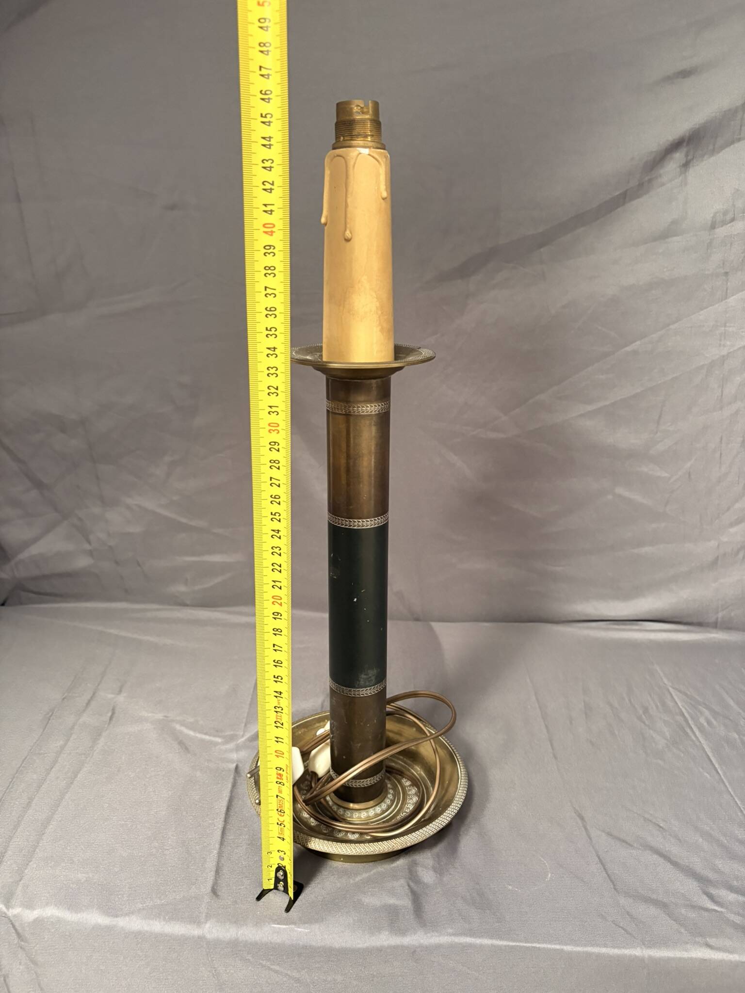 Antique Empire Column Lamp Base, Gilded Brass, Green Candle Holder Chandelier