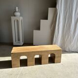 Solid monoxyl wood bench with carved 3-arch base - Natural wood color