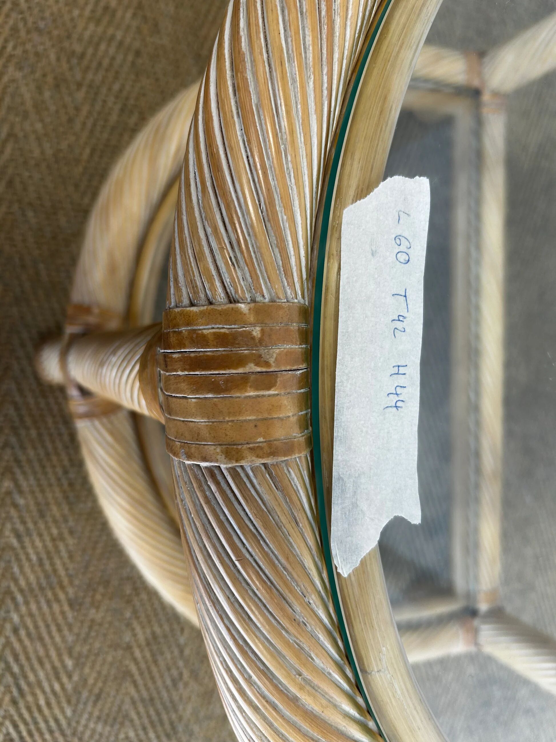 Two-tiered twisted rattan accent table with glass shelves, 1970s
