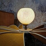 Turned wooden foot lamp and linen and rattan petals