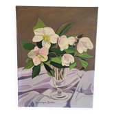 Oil Painting on Canvas Christmas Rose Hellebore Flowers Signed Dominique