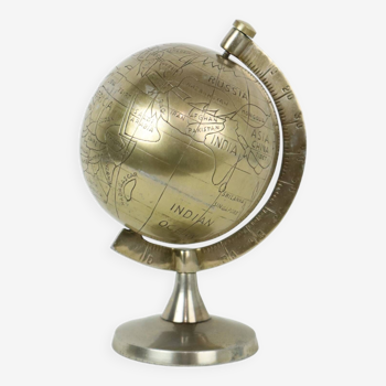 Petit Globe Vintage en Métal Argenté Plaqué Cuivre 26cm