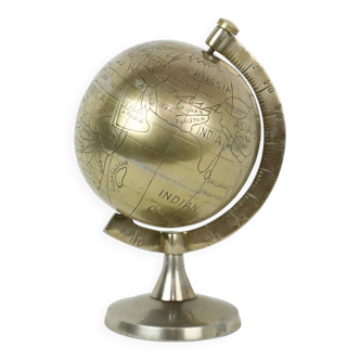 Petit Globe Vintage en Métal Argenté Plaqué Cuivre 26cm