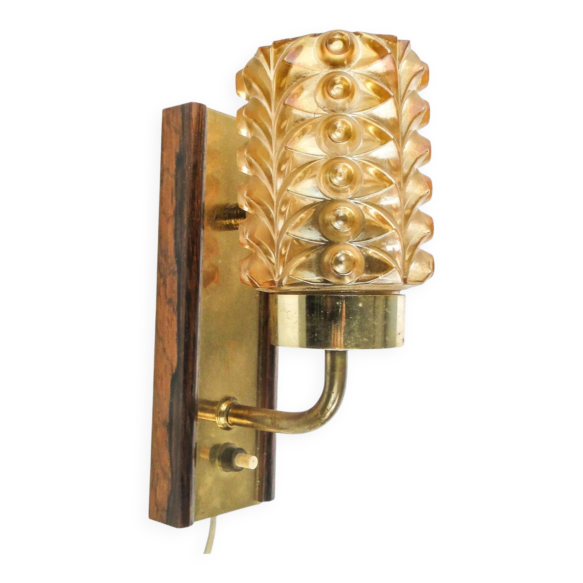 Postmodernist wall lamp, brass, walnut, glass, Germany, 1970s