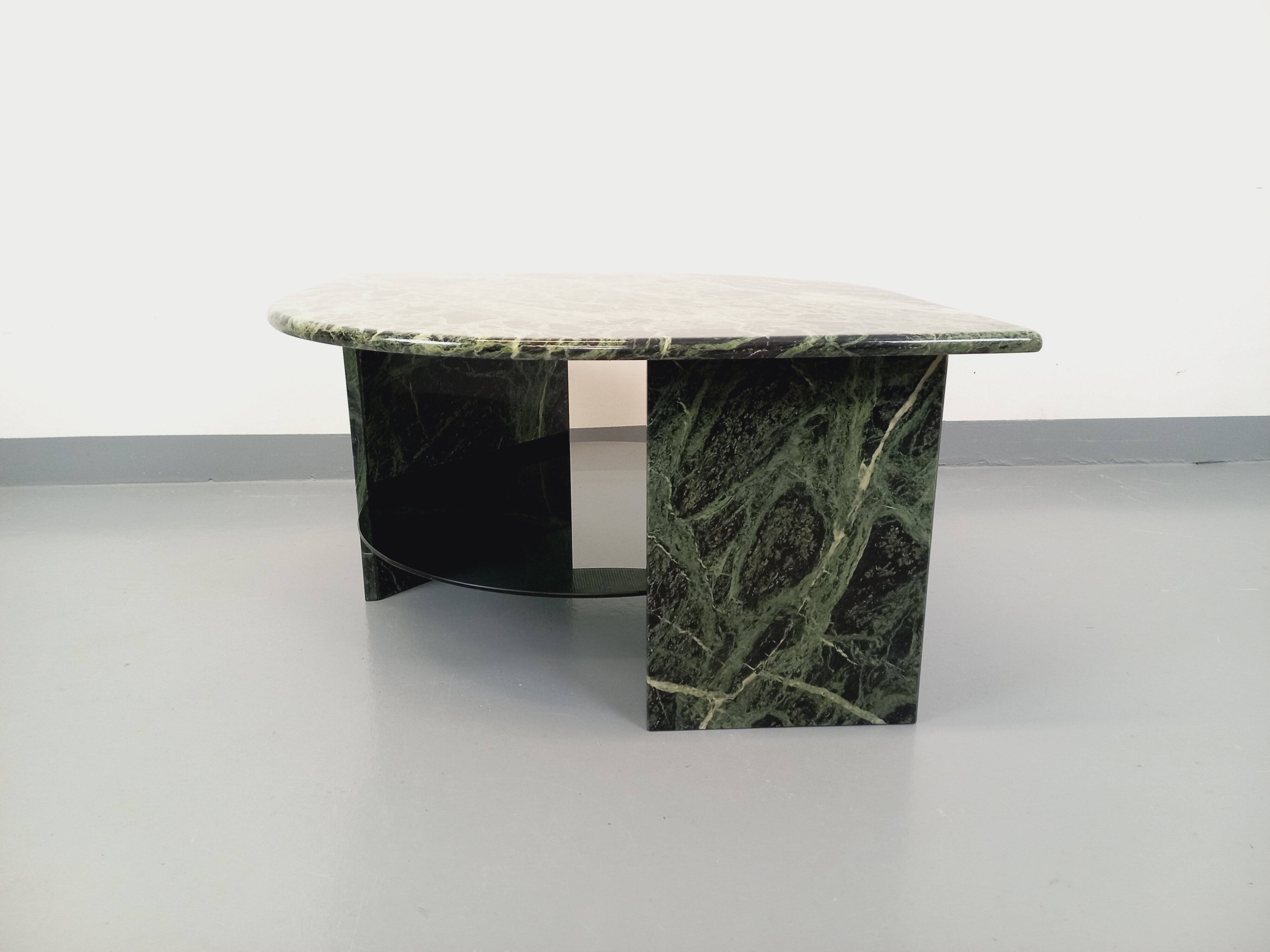Vintage square coffee table with 2 green marble and smoked glass tops