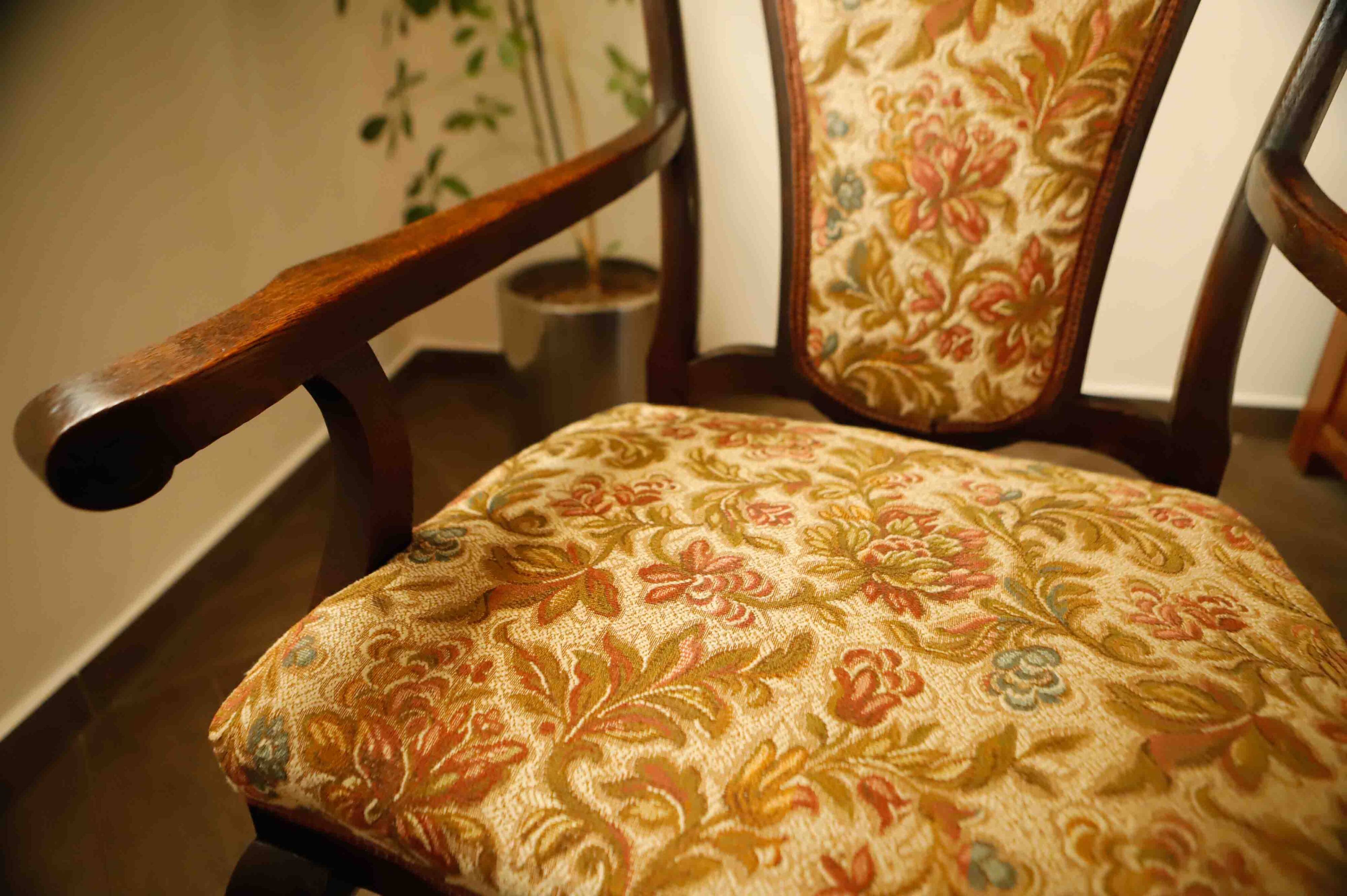 Antique Queen Anne Revival Carver Armchair with Floral Tapestry Upholstery