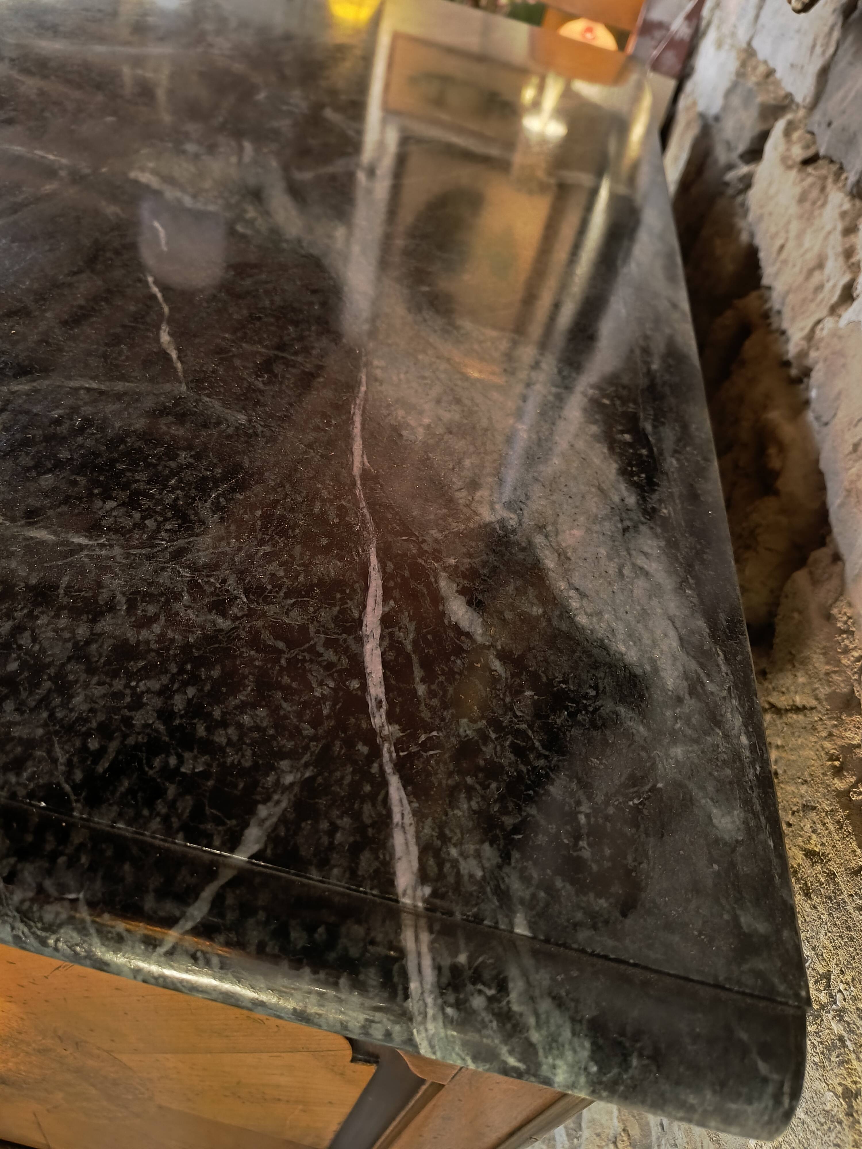 "Louis XIV" style commode with green Alpine marble and walnut burl.