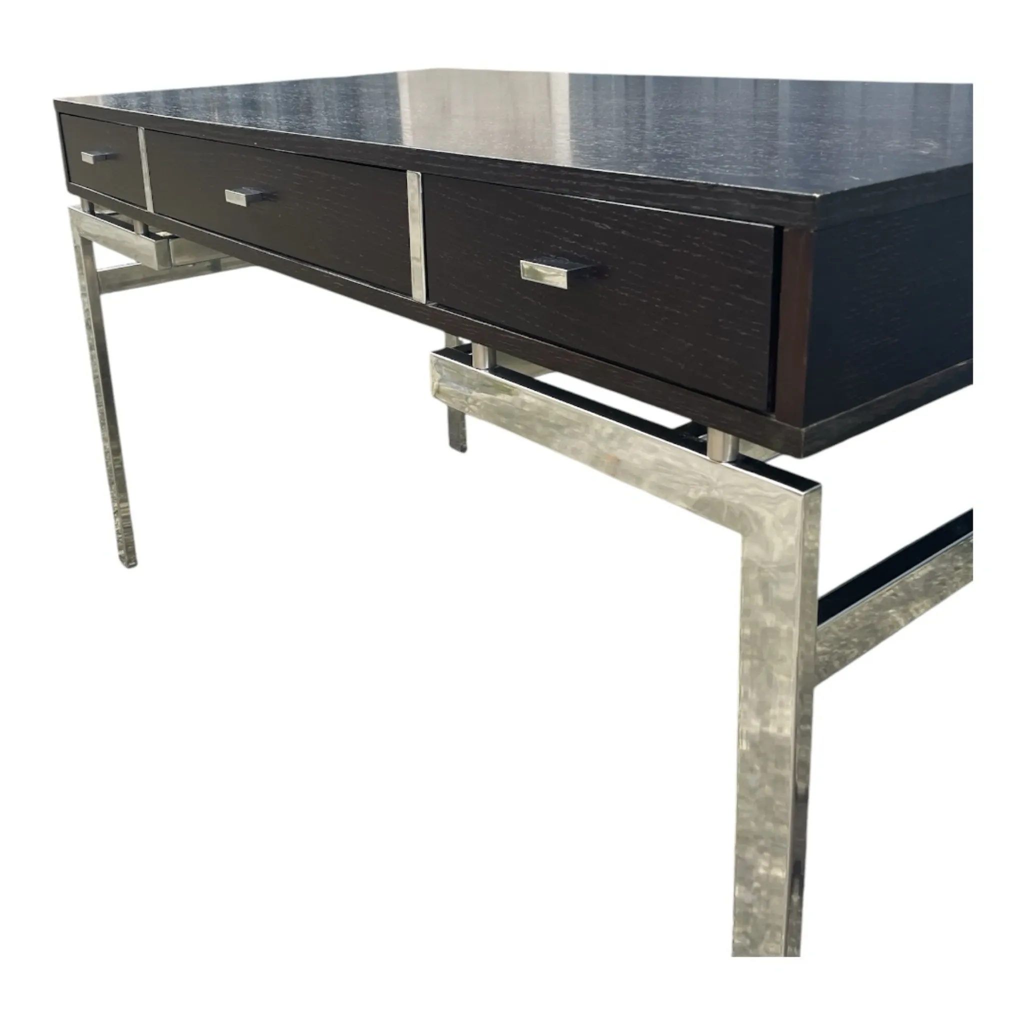 Bureau plat laqué noir texturé et chrome style 1970