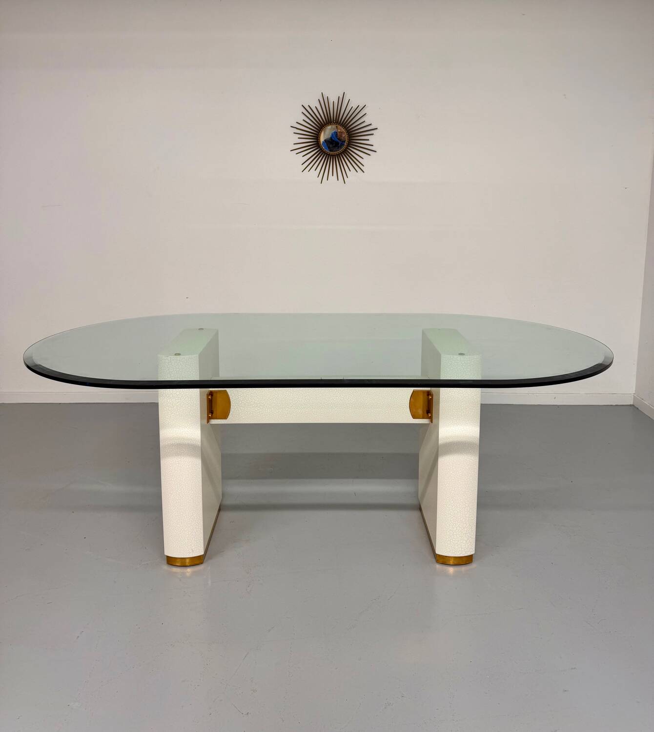 Thonet designer glass dining table with crackled lacquer finish, 1980s vintage