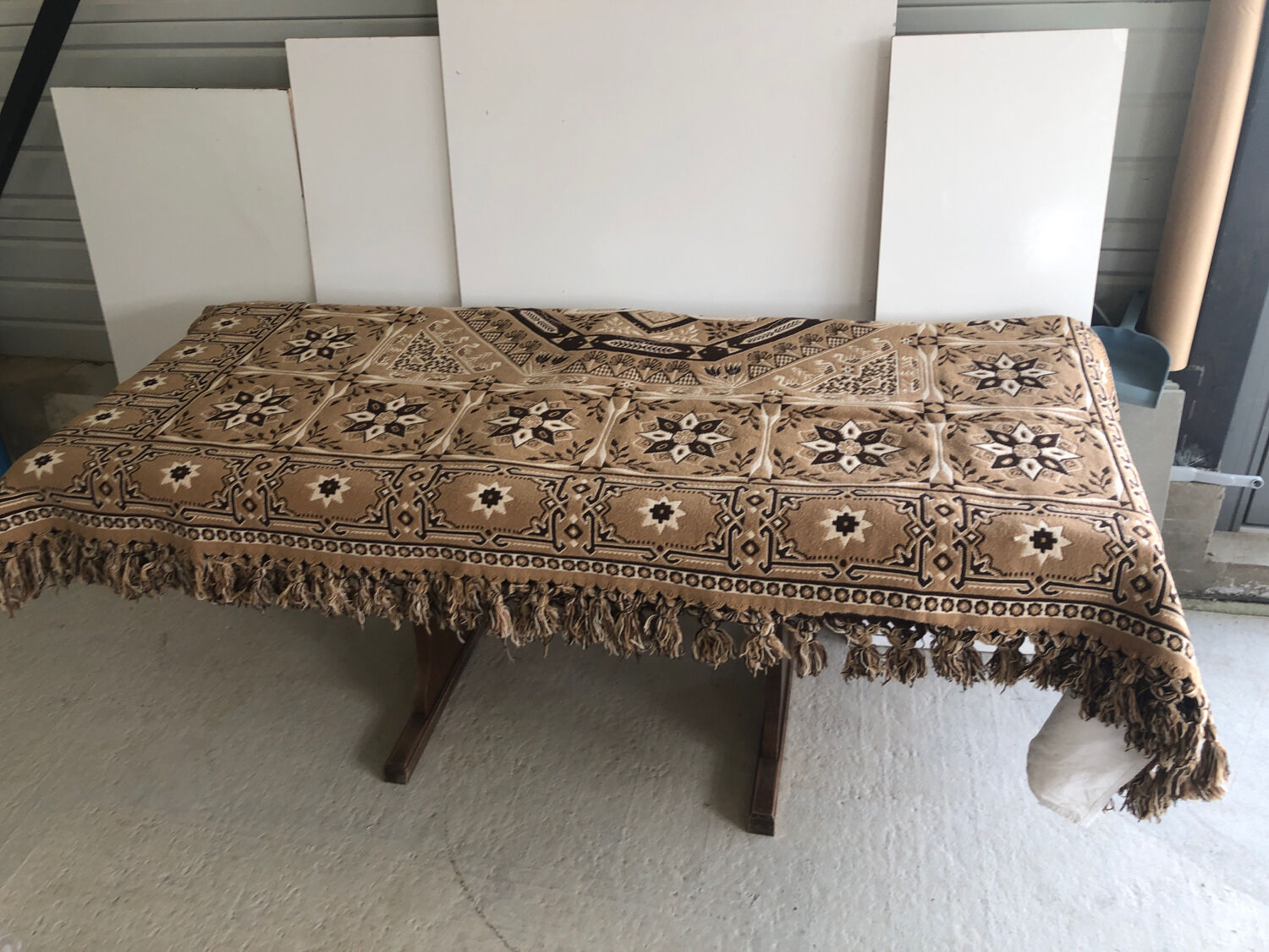 Vintage handmade beige and brown bedspread with fringes
