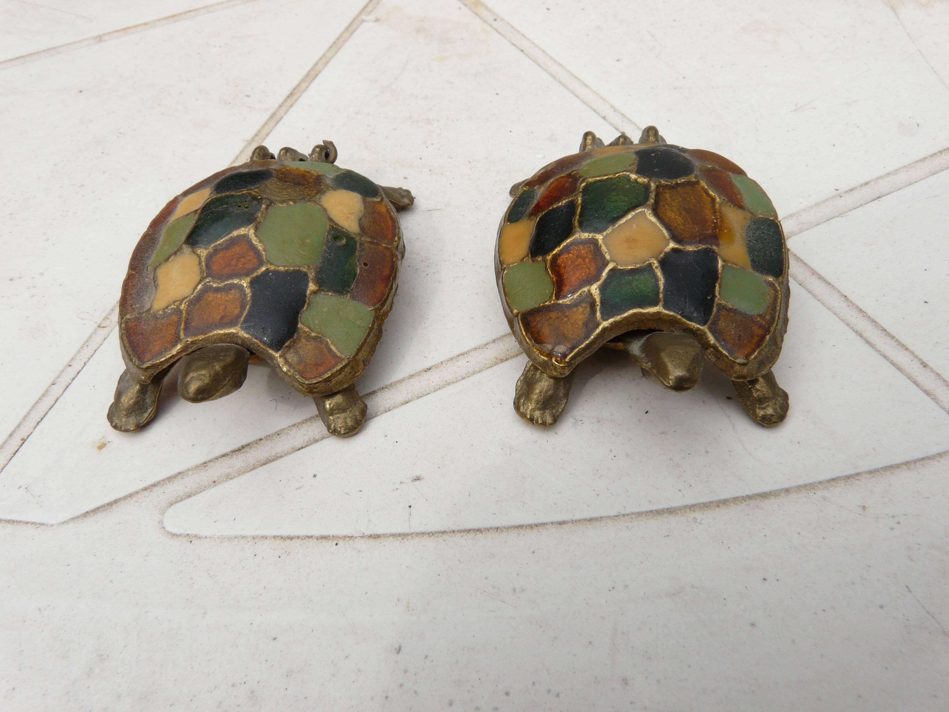 Pair of brass and enameled turtle jewelry box