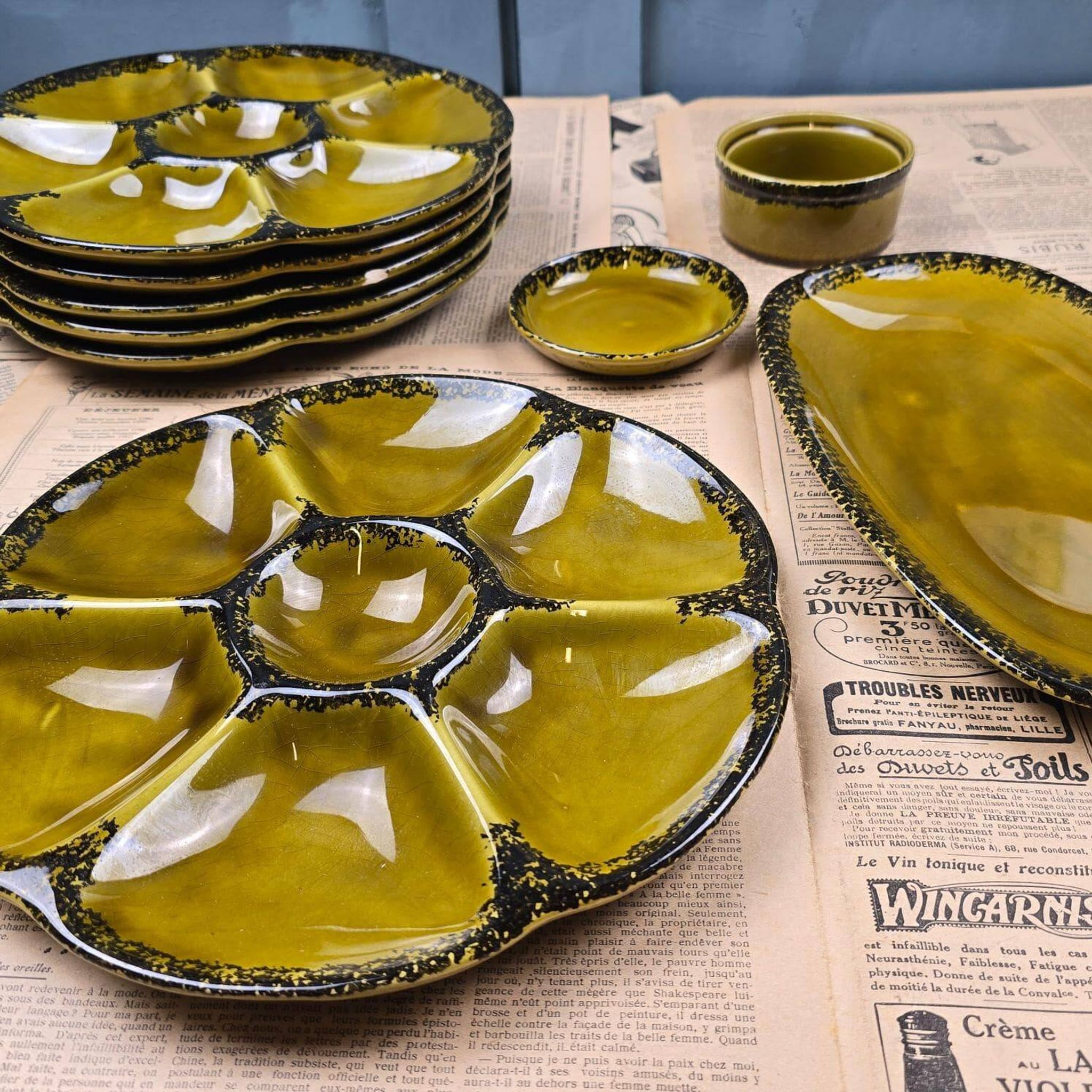 Vintage oyster service Gien – 6 plates, serving dish, ramekin and small bowl