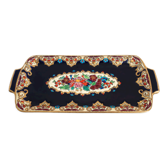 Old Longwy enamelled earthenware dish with Renaissance decor by Maurice Paul CHEVALLIER