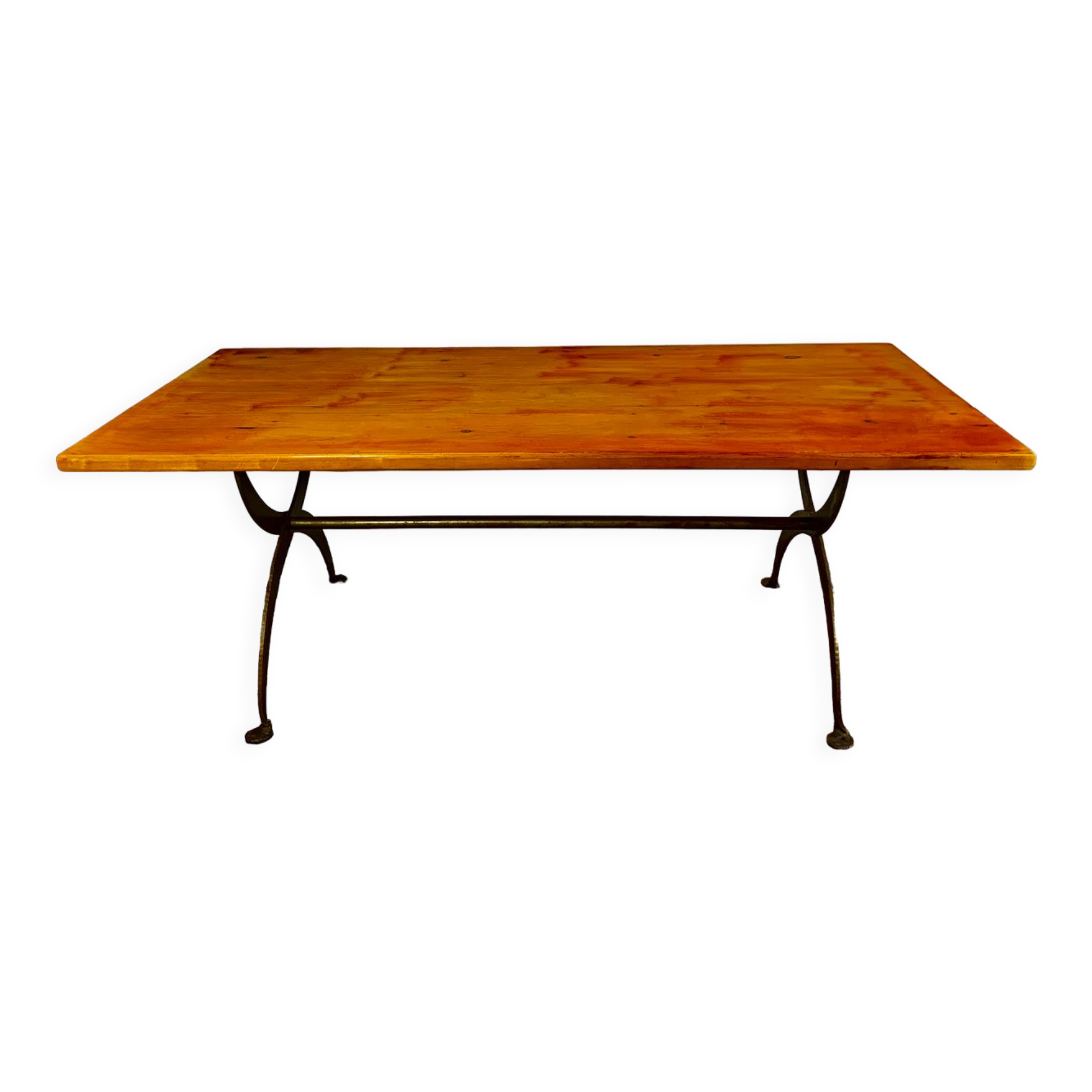 Rectangular wooden table, legs and spacer in hammered ironwork, 60s