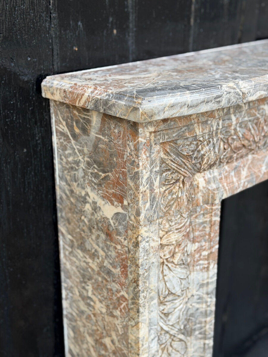 Louis XVI style fireplace in grey Ardennes marble, circa 1900.