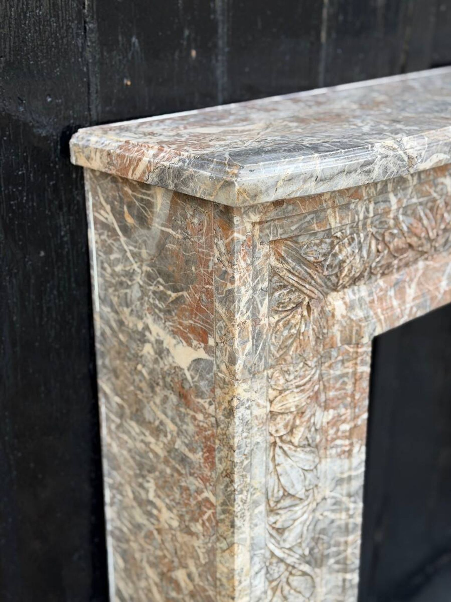 Louis XVI style fireplace in grey Ardennes marble, circa 1900.