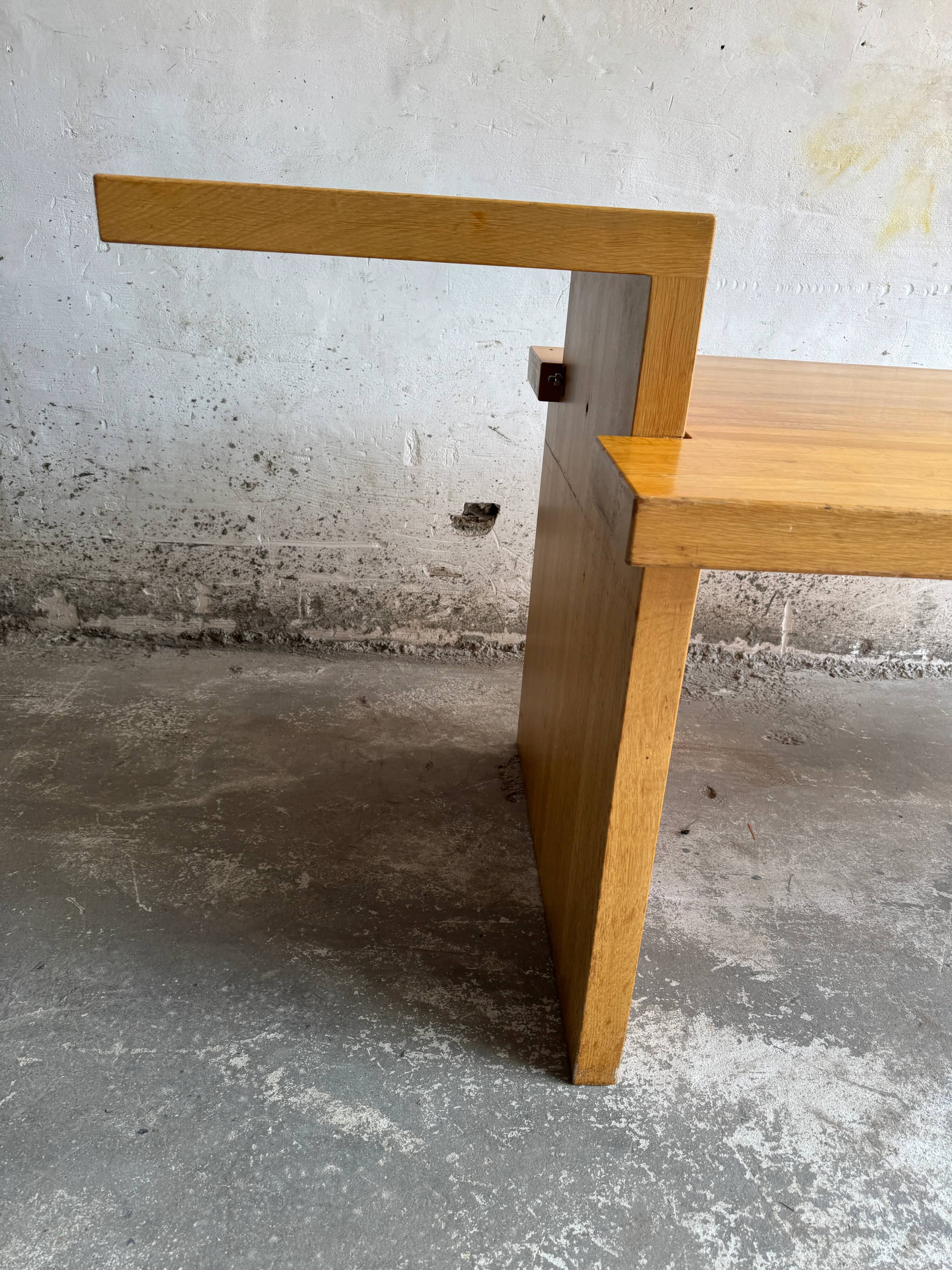Geometric Brutalist Dining Table — Natural Wood Top with Metal Support, 1980s Architectural Design