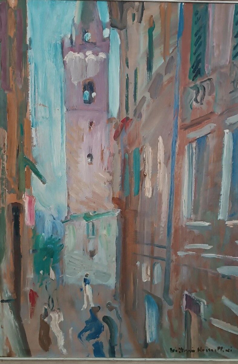 Oil painting on cardboard, Vittorio Nomellini (1901 Genoa - 1965 Florence), view of Lerici.