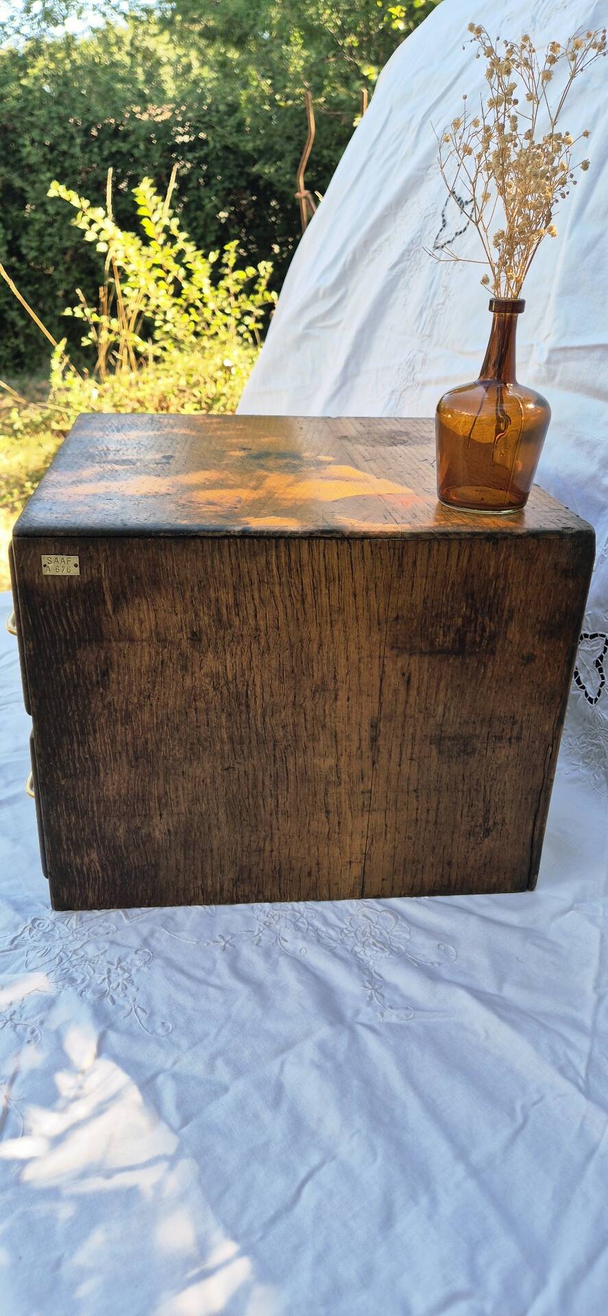 Workshop furniture made of oak and brass.
