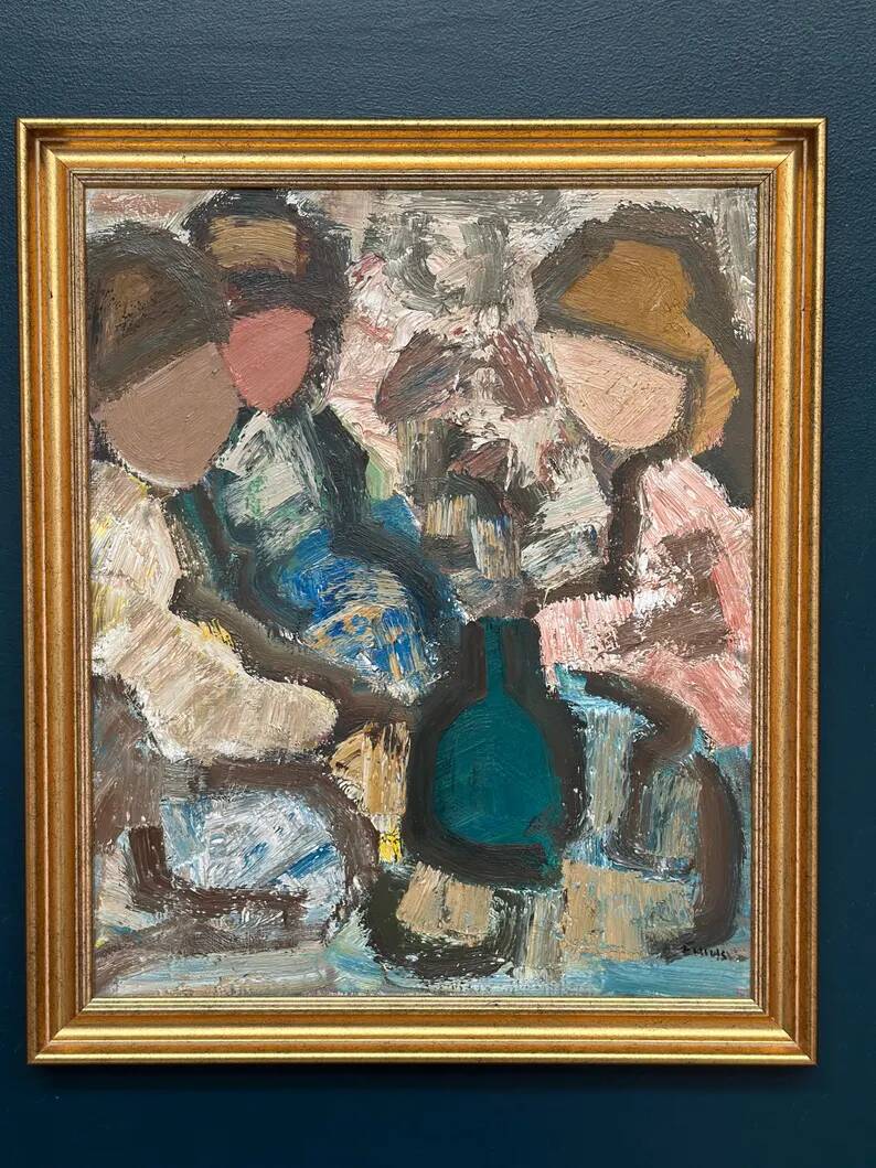 Original Swedish Oil on Canvas – "Family" by Gösta Falck – Signed – Vintage and Framed