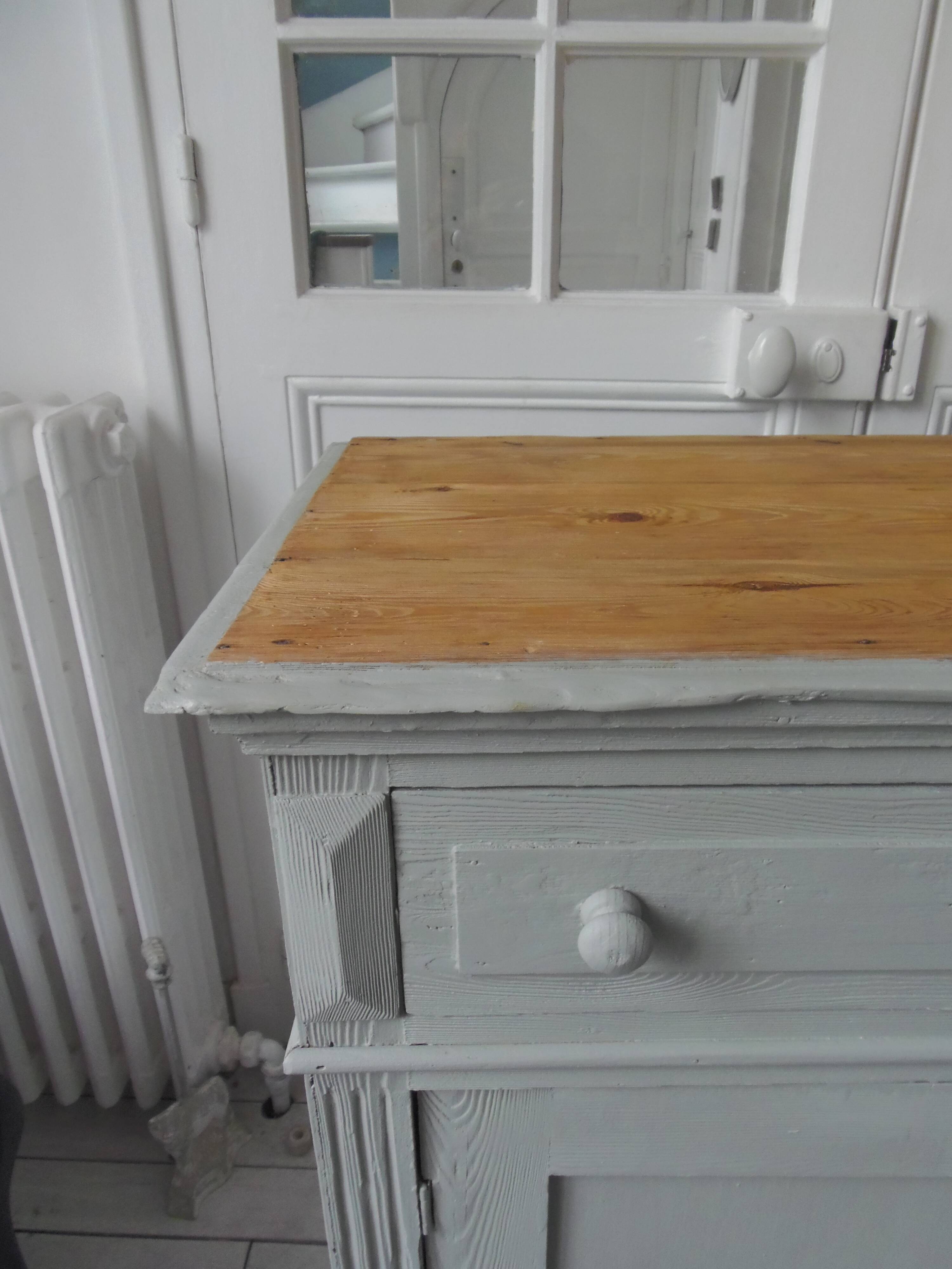 Antique sideboard enhanced in verdigris, wooden top.