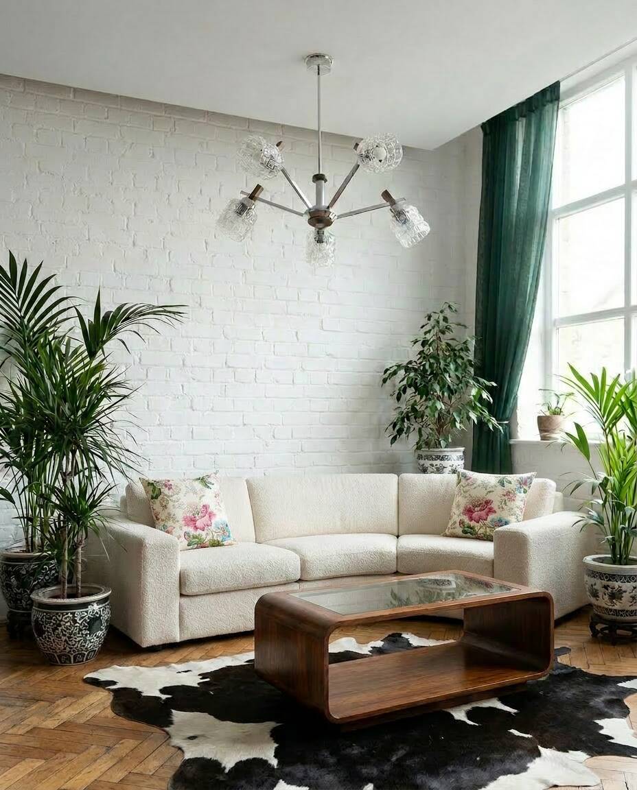 Vintage suspension with 5 chrome and wood lights – textured glass – 1970s