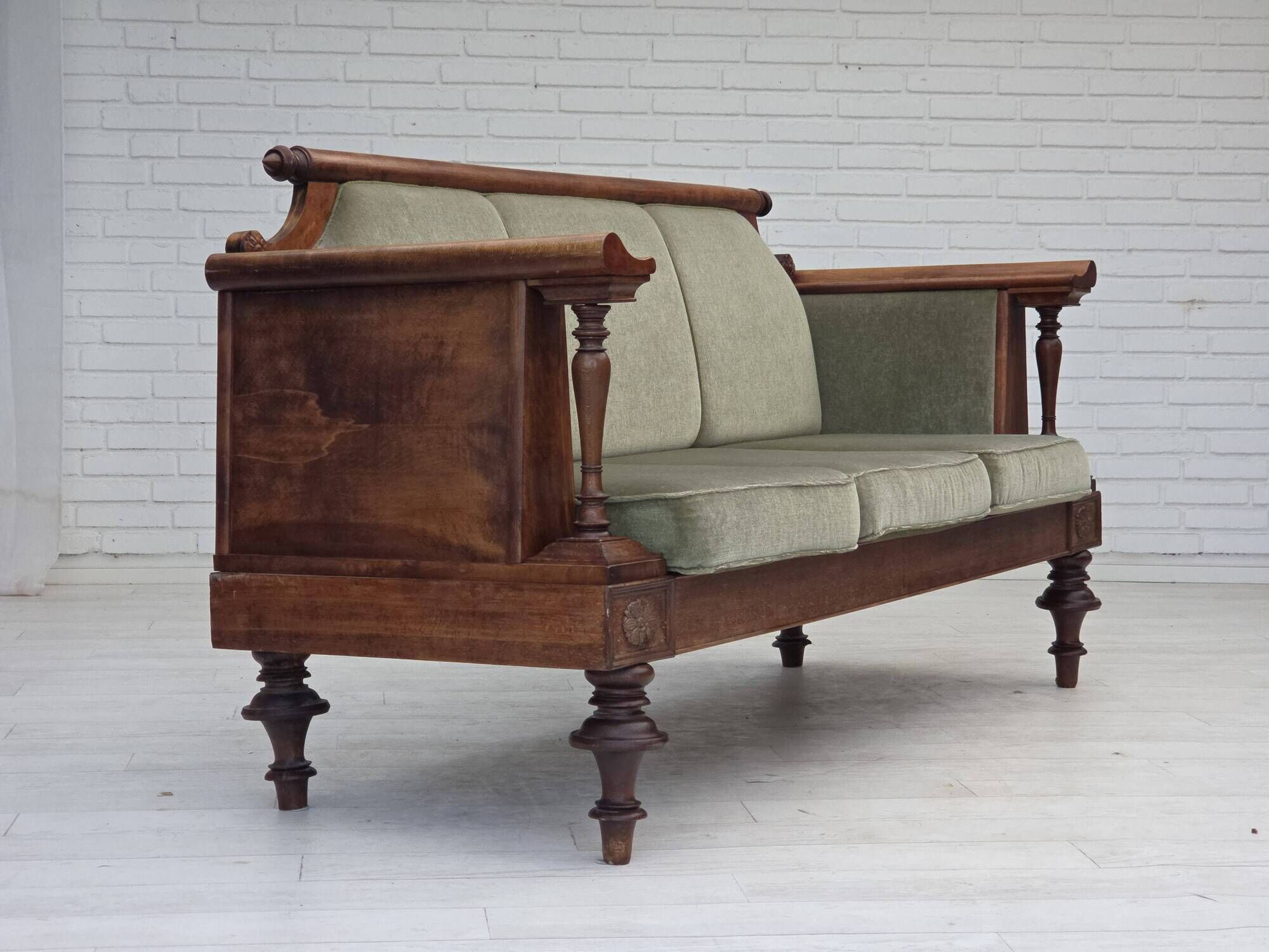 1930s, Danish 3 seater antique sofa, furniture velour, ash wood.