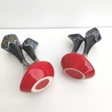 Pair of vintage ceramic vases with double red and black collar