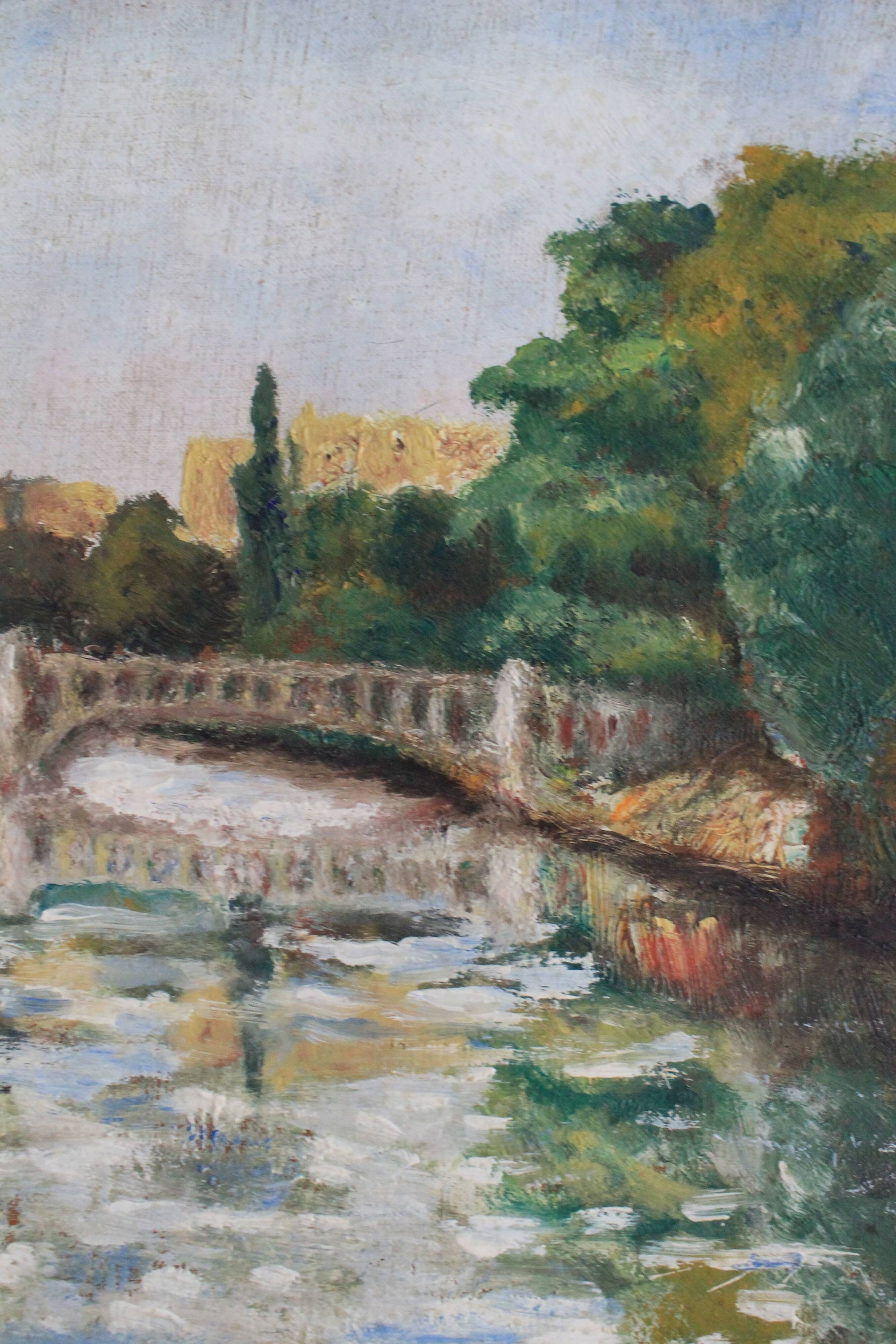 Oil on canvas "Landscape with Bridge" early 20th century