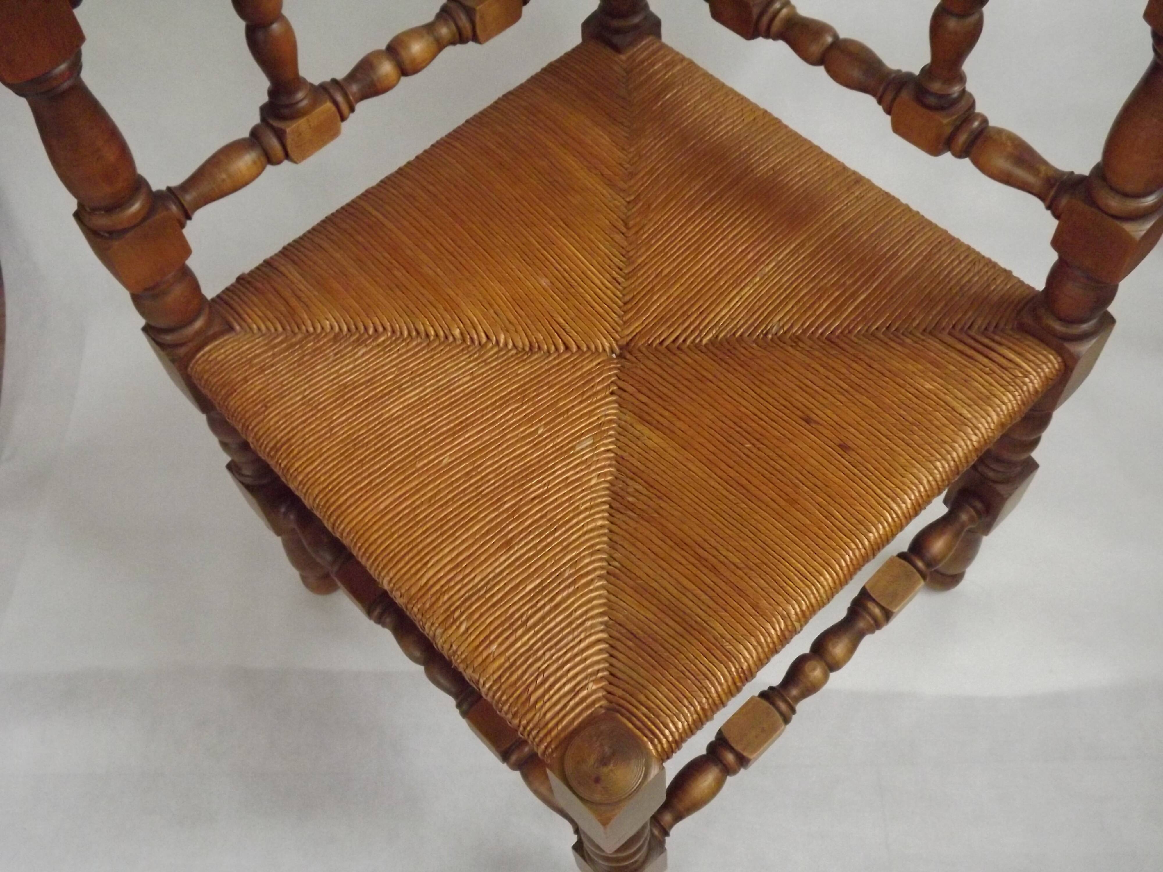 Antique French Turned Wooden Bobbin Chair with Rush Seat