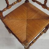 Antique French Turned Wooden Bobbin Chair with Rush Seat