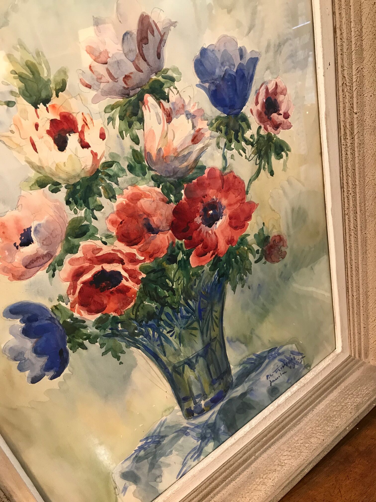 Old painting in watercolour signed by P Le Trividic, the bouquet.