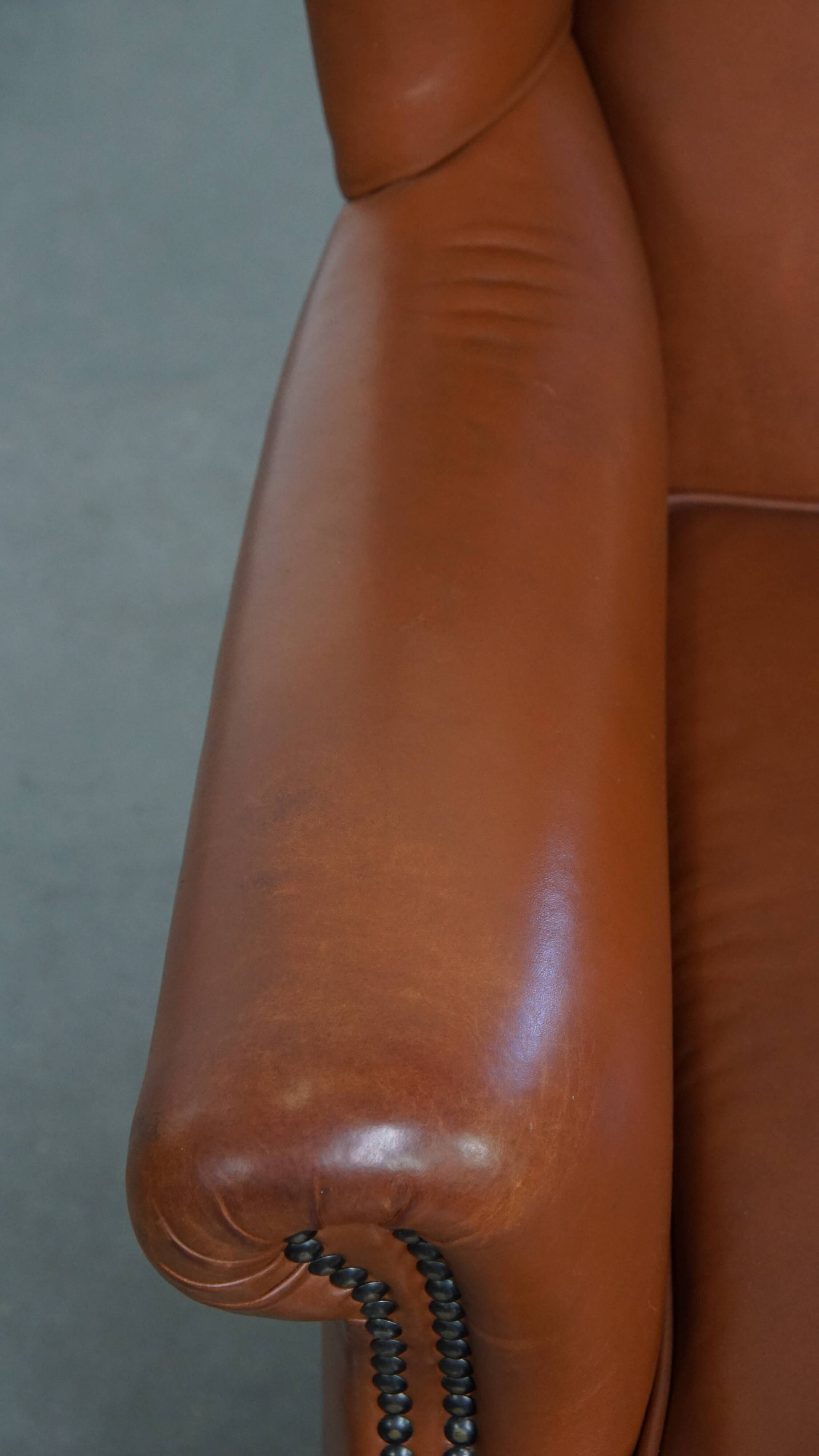 Cognac-Colored Cowhide Leather Wingback Chair in English Style