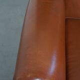 Cognac-Colored Cowhide Leather Wingback Chair in English Style
