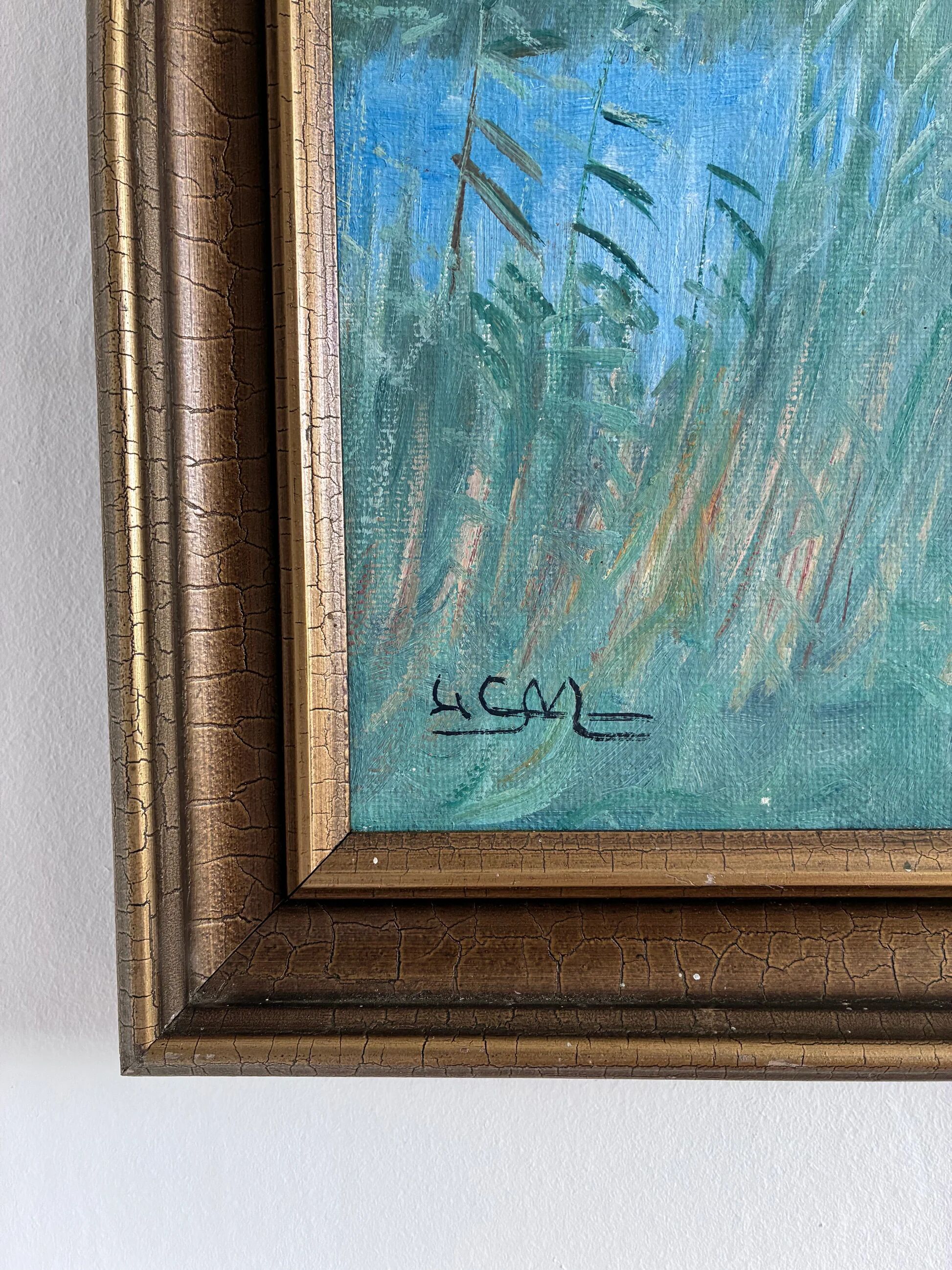 Large vintage original landscape dog oil painting