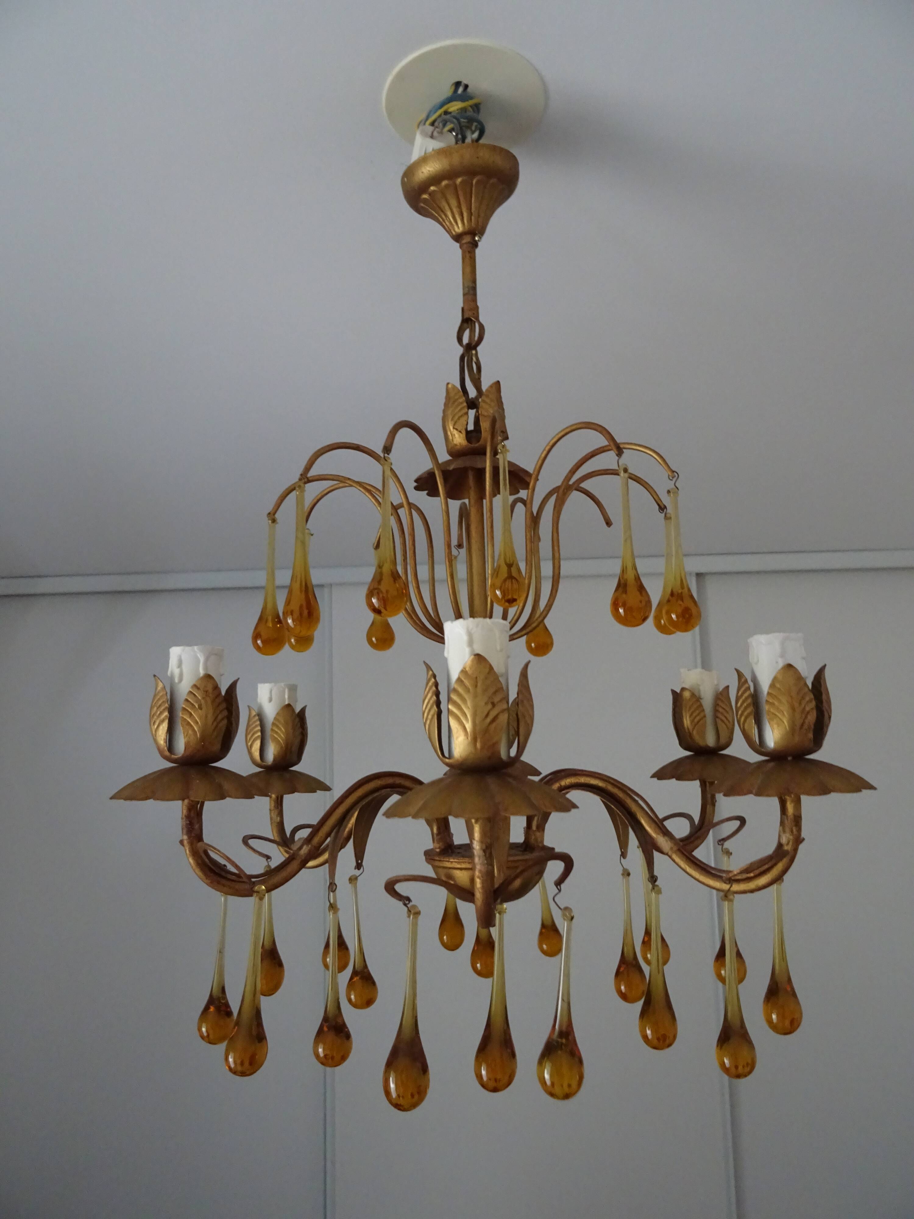 Murano glass and gilded metal drop chandelier, 1950s-1960s