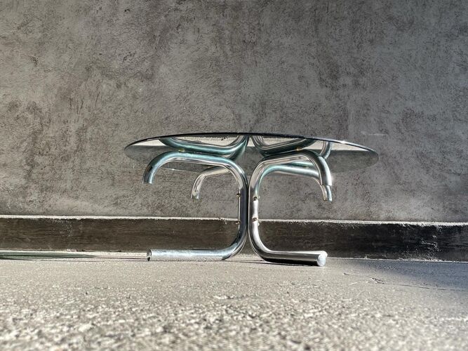 Round coffee table in chromed metal and smoked glass,1970s