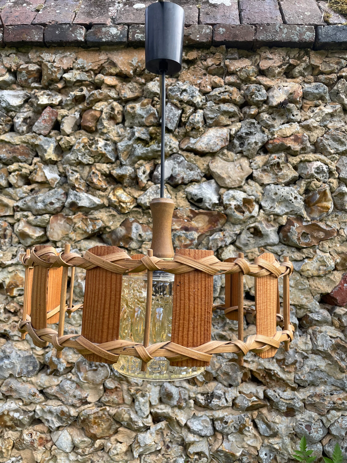Rattan wood and glass pendant light 1970