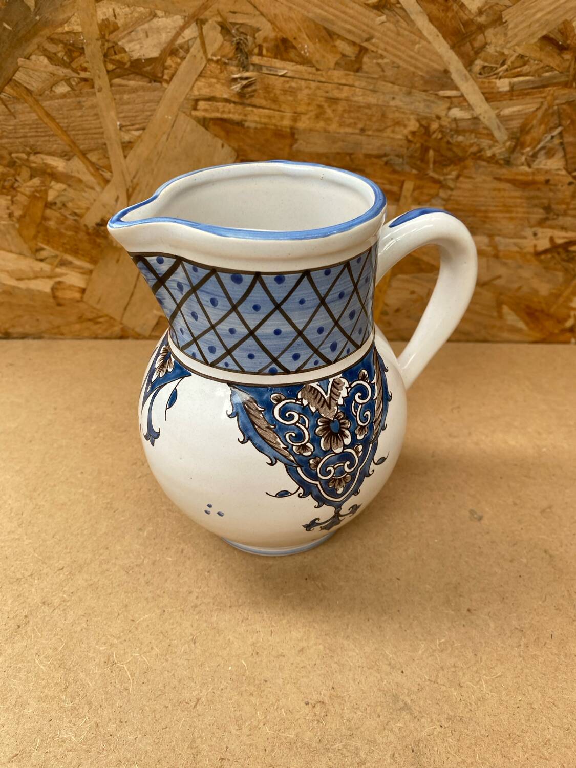 Antique Nevers Style Pitcher White Ceramic Blue Painted Decor Vintage #B630