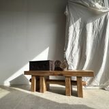 Solid wood bench with openwork base crossed by a cylinder - Mango wood